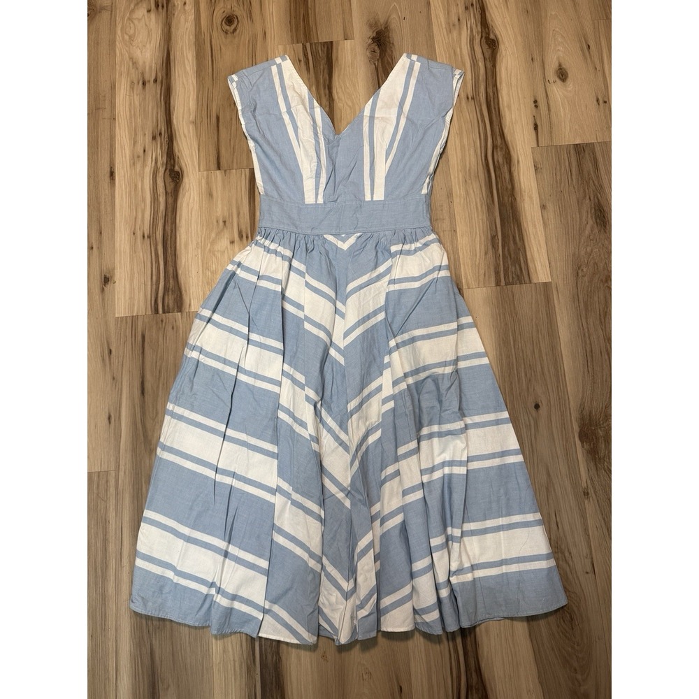 Vintage Virgo II Blue & White Chevron Striped Summer Dress Size 10 (Rare)